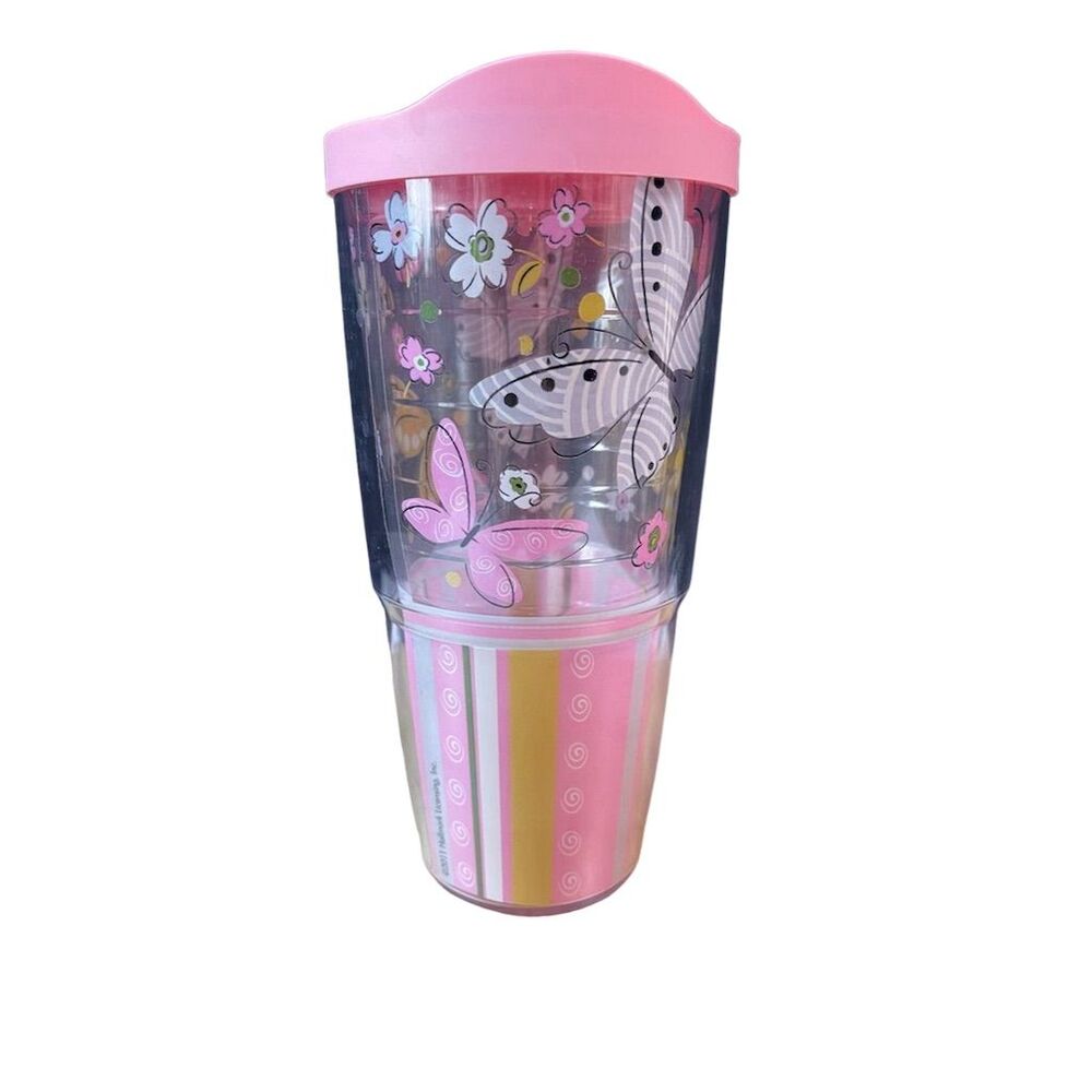 Tervis 24oz Travel Tumbler Cup Pink Lid Butterflies Floral Stripes
